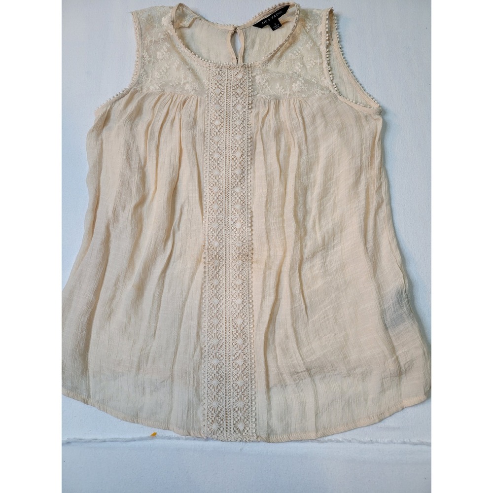 Zac & Rachel Peach Sleeveless Lace Crochet Crinkle Blouse Small BohoPomTrim 2419
